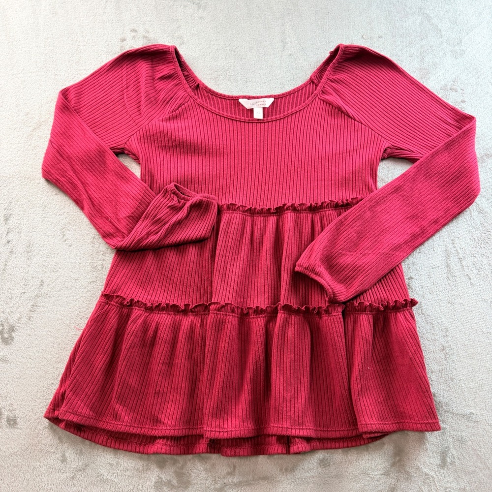LC Lauren Conrad Women's XS Ribbed Knit Tiered Peplum Top Dark Pink Long Sleeve